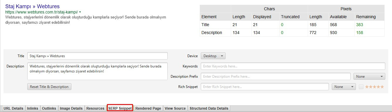 Screaming Frog SERP Snippet