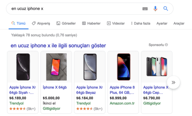 Alışveriş özellikli featured snippet 