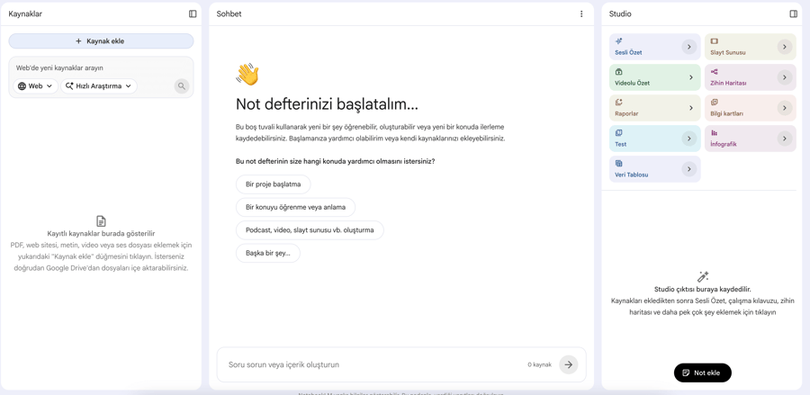 NotebookLM chat and source management interface