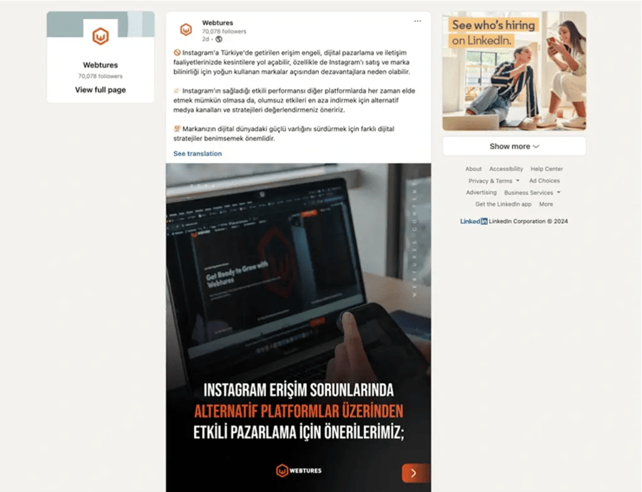 Webtures LinkedIn hesabında yayımlanan sektörel içerik paylaşımı örneği
