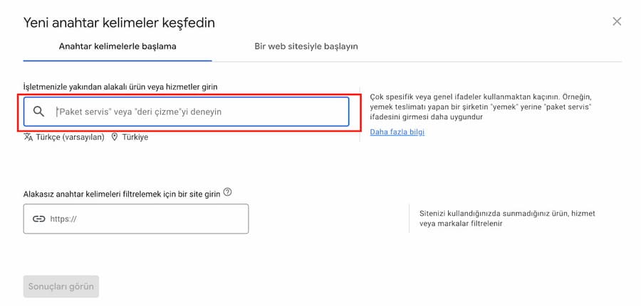 Anahtar kelime planlayıcıda öneri listesi ve arama hacmi sütunları