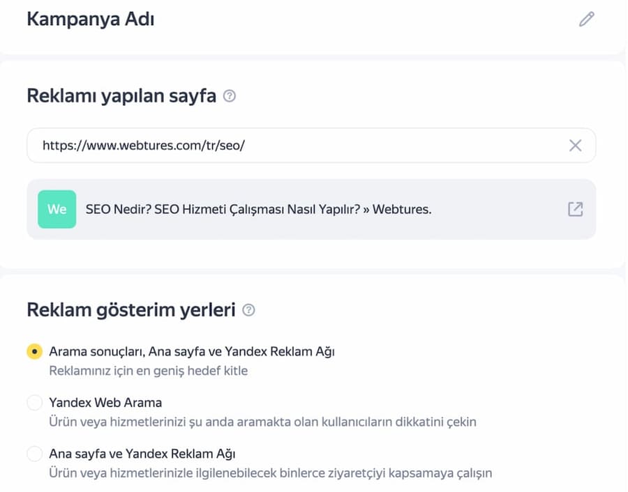 yandex reklam kampanyası oluşturma 2