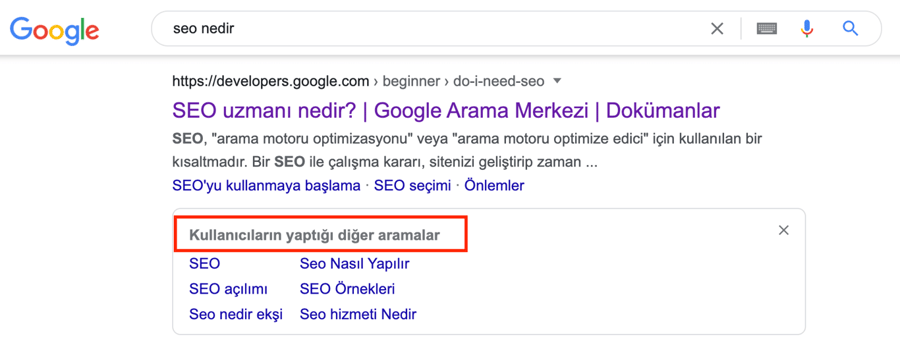 Google arama sonuçlarında bir sonuca tıklanıp geri dönüldüğünde açılan kullanıcıların yaptığı diğer aramalar kutusu