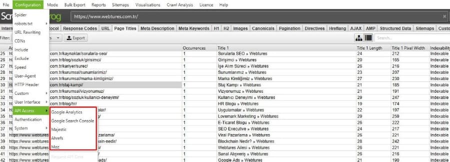 screaming frog api baglantısı