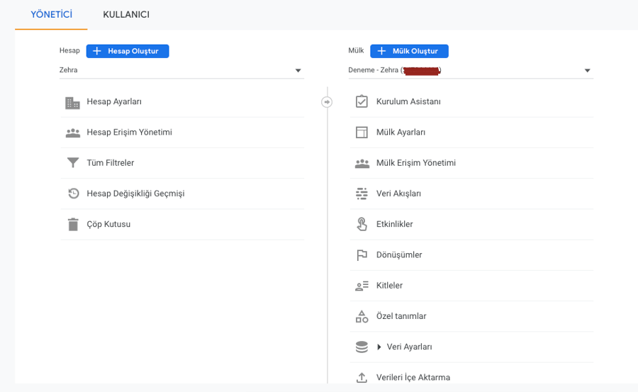 Google Analytics yönetici bölümünde mülk oluşturma adımı