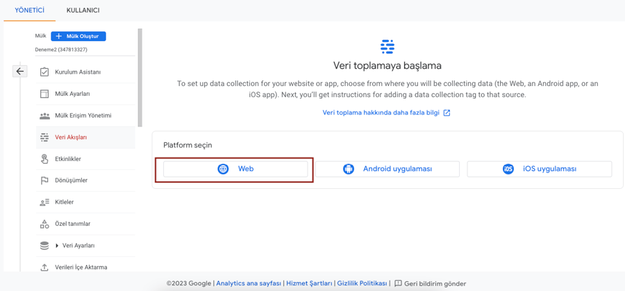 GA4 veri akışı için platform seçimi ekranı