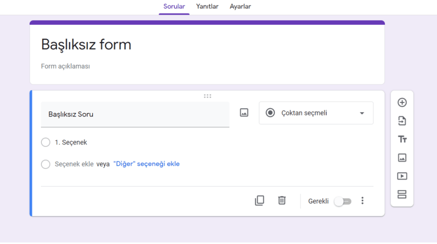 Adding questions and answer options in the Google Forms editor