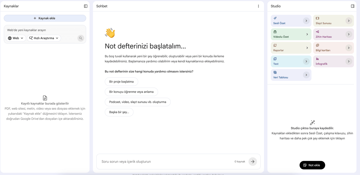 NotebookLM chat and source management interface