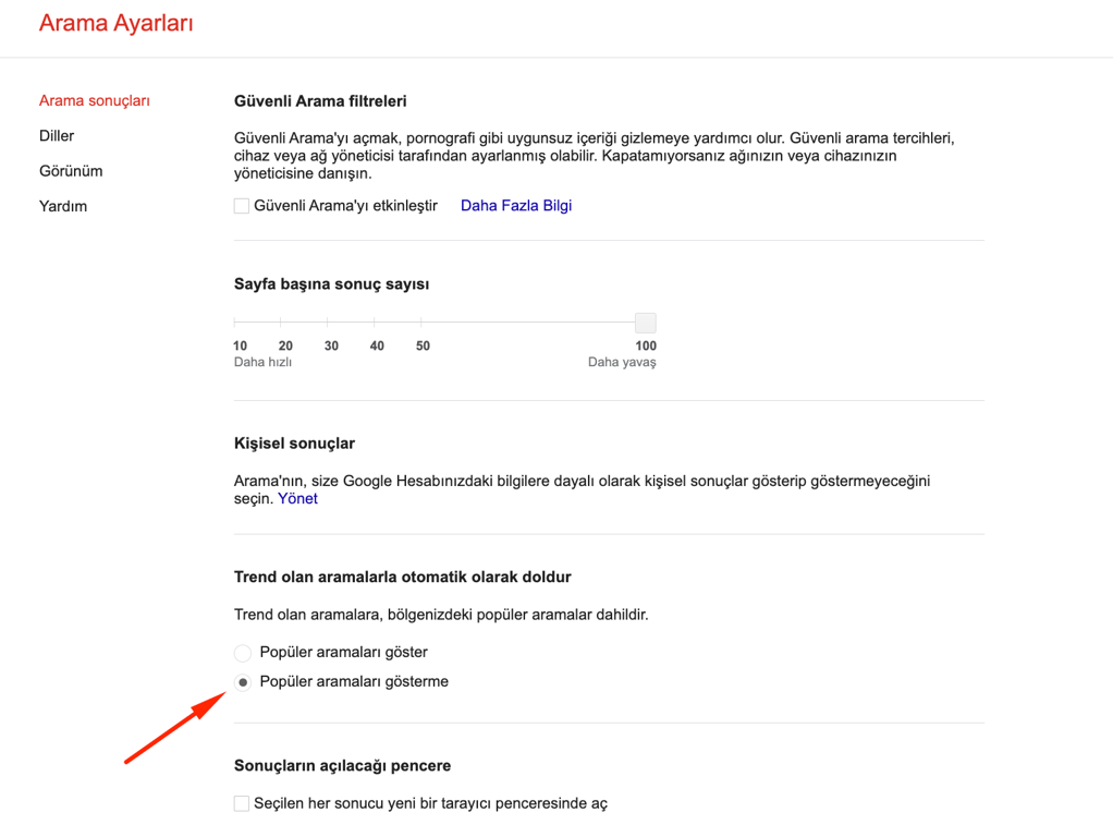 Kullanıcıların Yaptığı Diğer Aramalar Özelliği Kapatma Ayarı