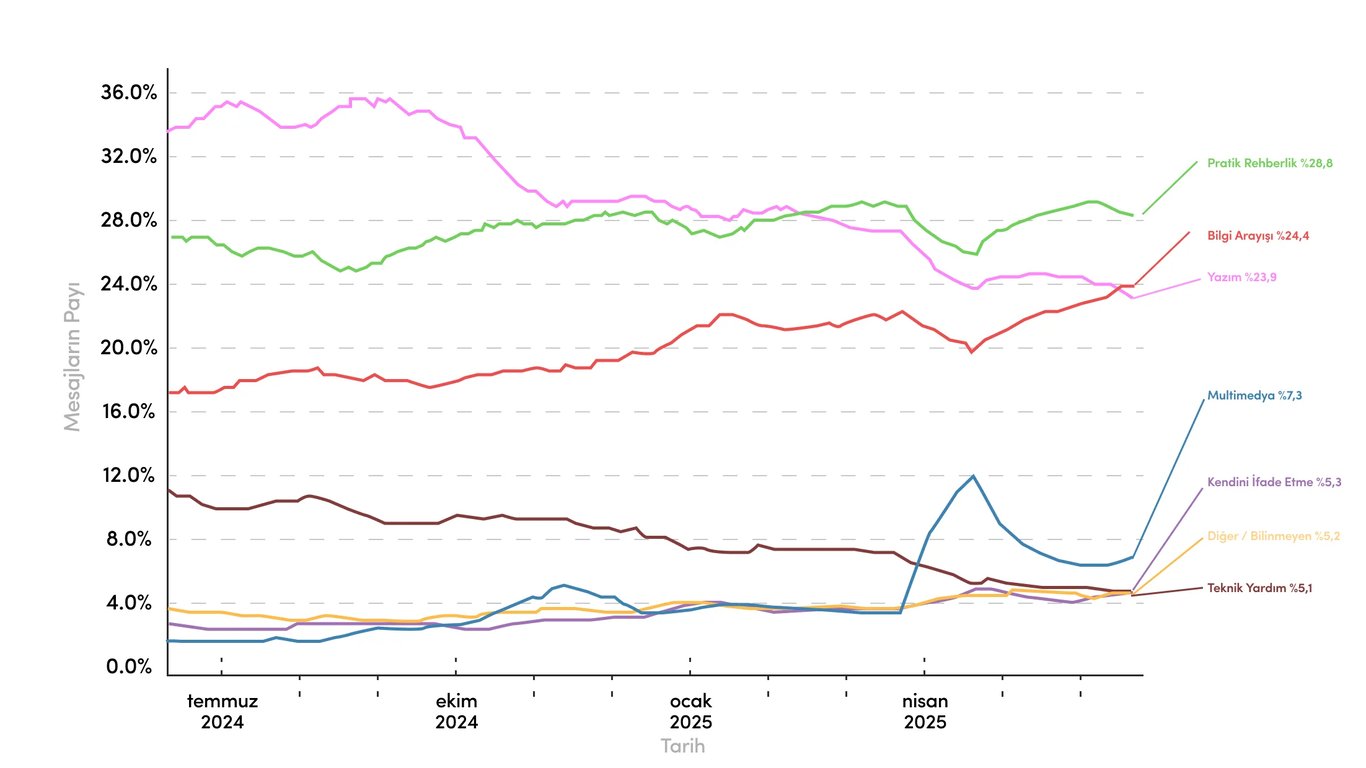 ChatGPT’de yazım, bilgi arayışı ve pratik rehberliğin öne çıktığını gösteren grafik