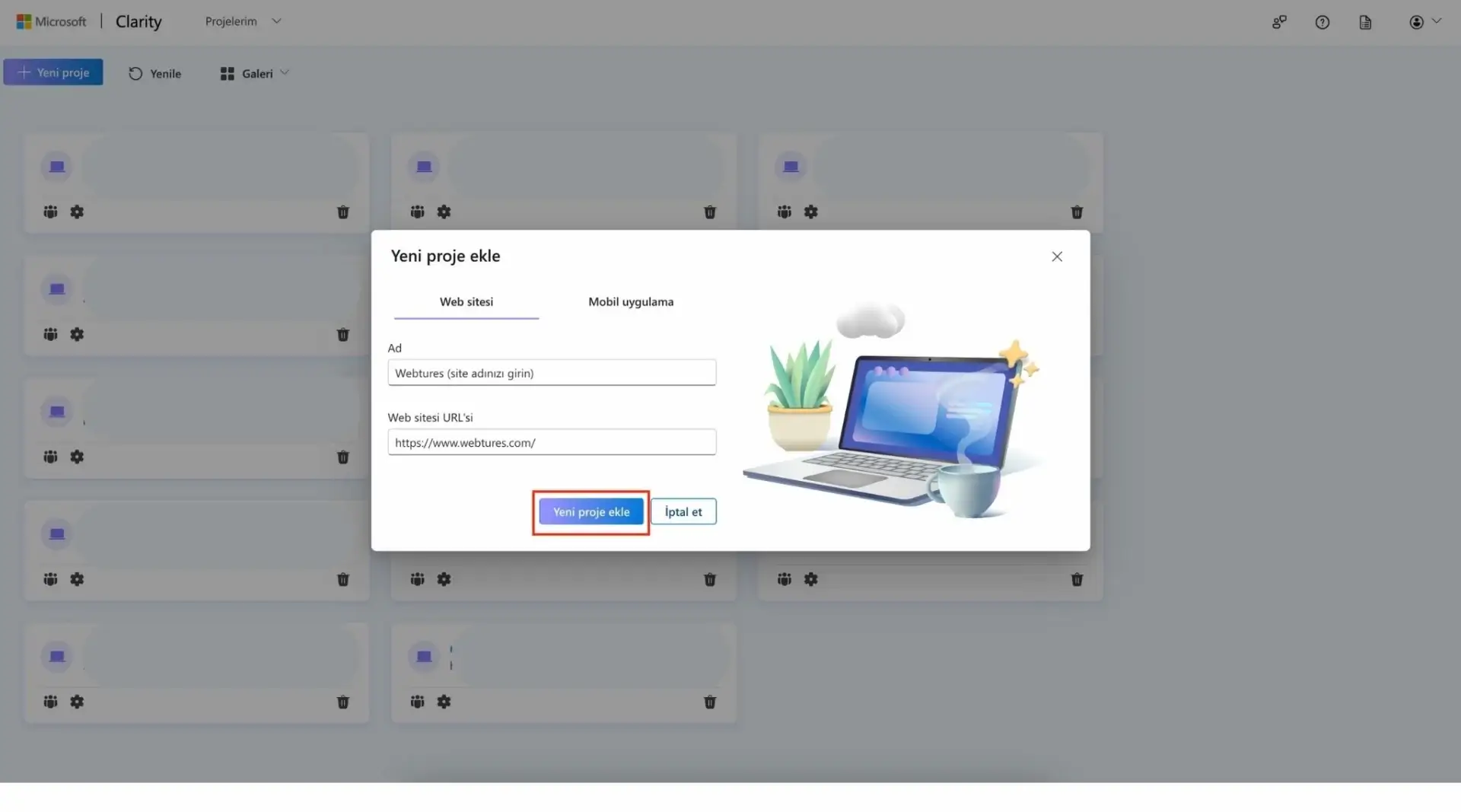 microsoft clarity proje ekle