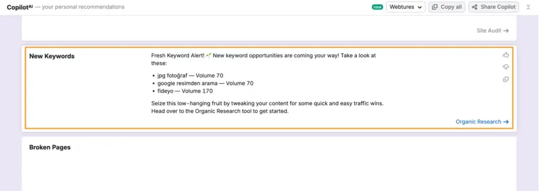semrush copliot yeni anahtar kelime ozelligi semrush copliot yeni anahtar kelime ozelligi